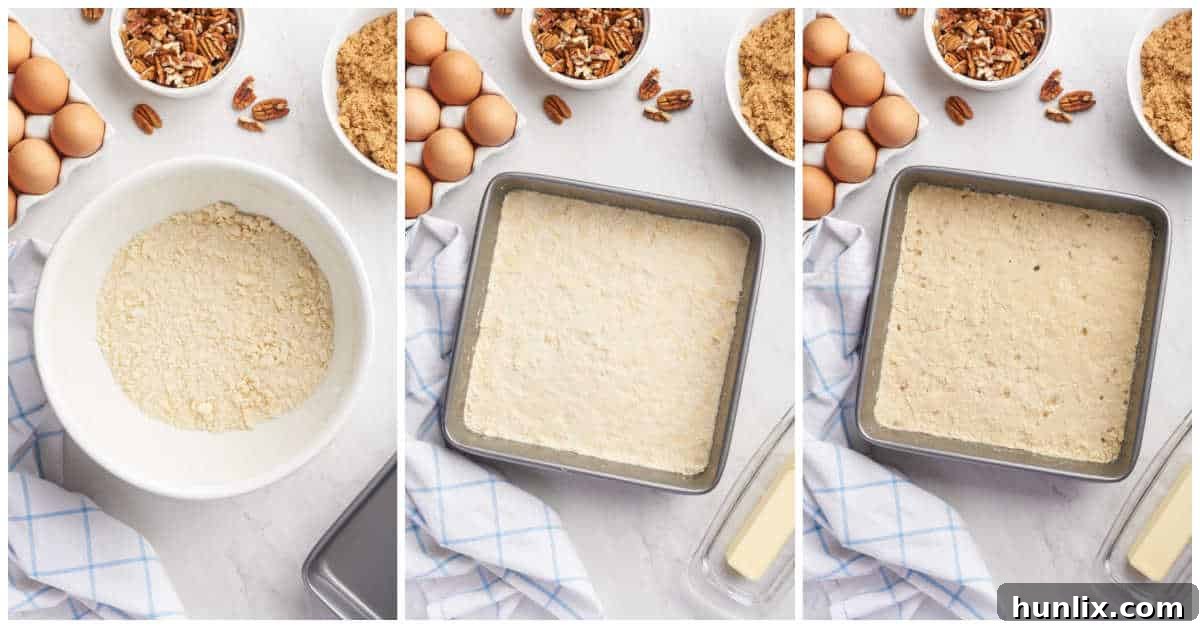 A step-by-step collage showing the process of mixing and pressing the butter tart square crust into a baking pan.