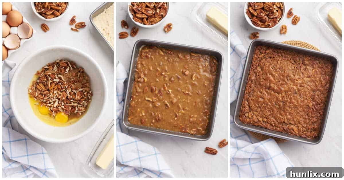 A collage displaying the process of pouring the rich butter tart filling over the baked crust and the squares baking to a golden finish in the oven.