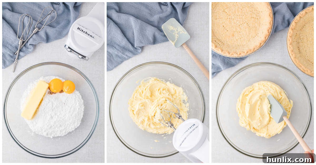 A visual collage showing the first step of making Millionaire Pie: creaming together butter, powdered sugar, egg yolks, salt, and vanilla extract until smooth and frosting-like.