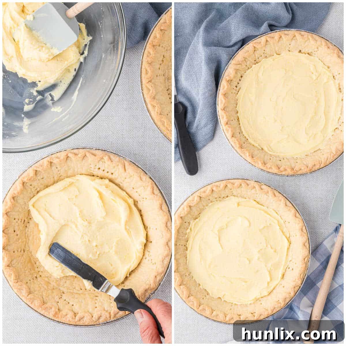A visual collage illustrating the second step of Millionaire Pie preparation: spreading the creamy butter mixture evenly into a pie crust.