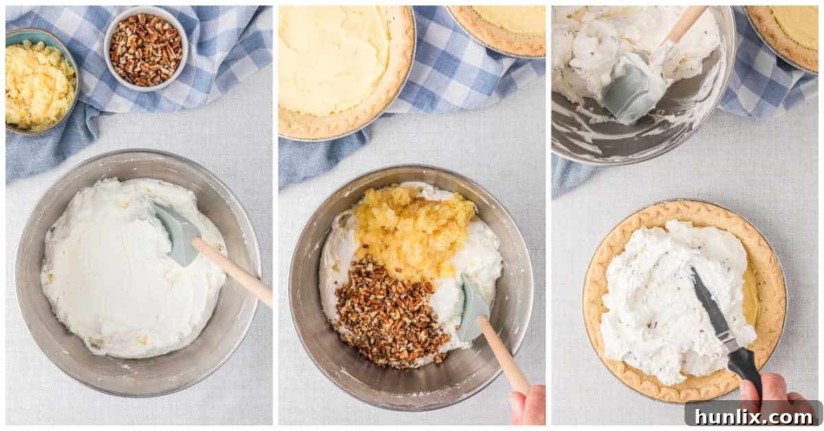 A collage demonstrating the third step of making Millionaire Pie: whipping cream until stiff peaks form, then folding in crushed pineapple and pecans to create the final topping.