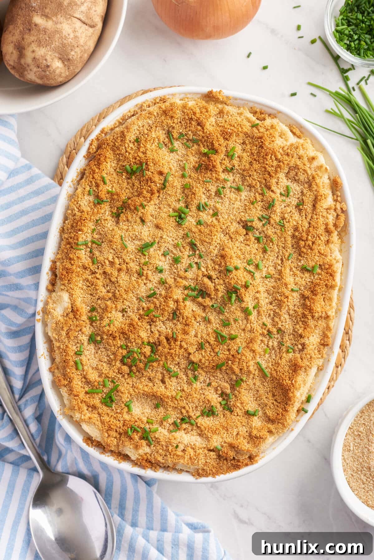 Swedish potatoes in a casserole dish.