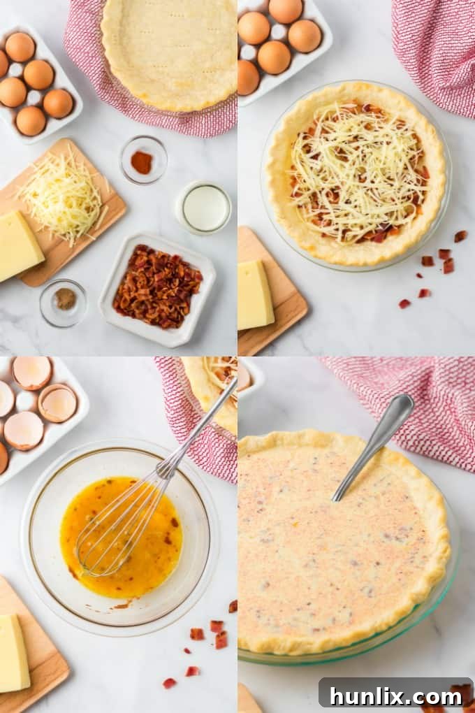Hands preparing Quiche Lorraine, adding bacon and cheese to the pie crust