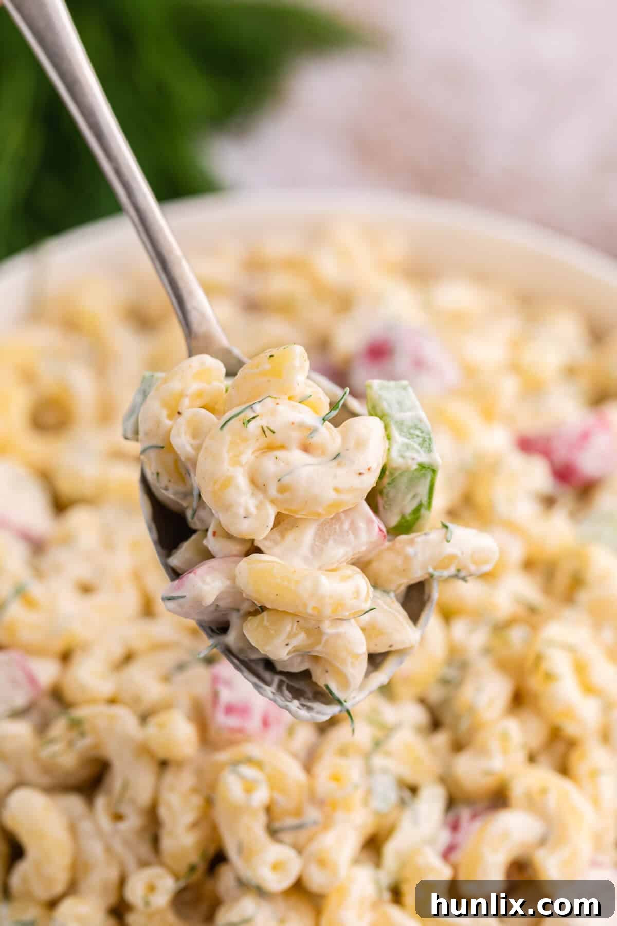 A spoon with macaroni dill salad, showing the creamy texture and fresh ingredients.