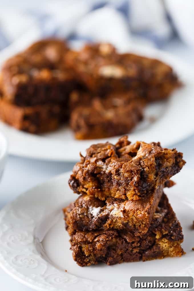 Molten Marshmallow Brownie Bliss 3 A stack of the recipe on a plate.