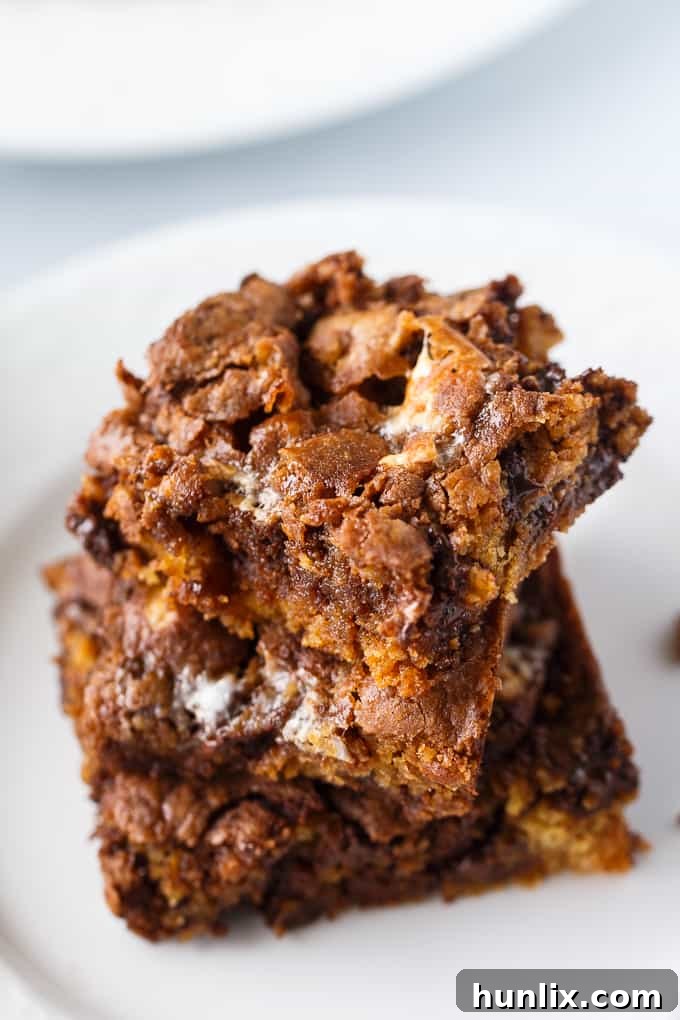 Molten Marshmallow Brownie Bliss 4 A stack of the recipe on a plate.