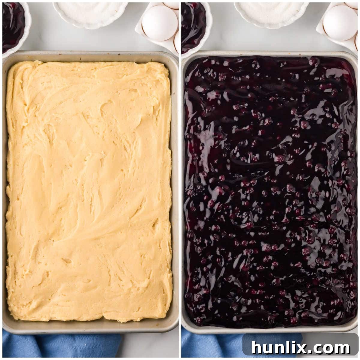 Collage of spreading batter on a cookie sheet and adding the pie filling topping.