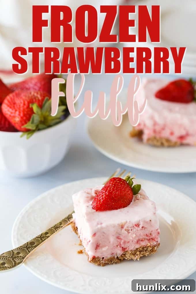 Frozen Strawberry Fluff - A sweet summer frozen delight! A buttery cookie crust is topped by a creamy, cold strawberry layer of yum.