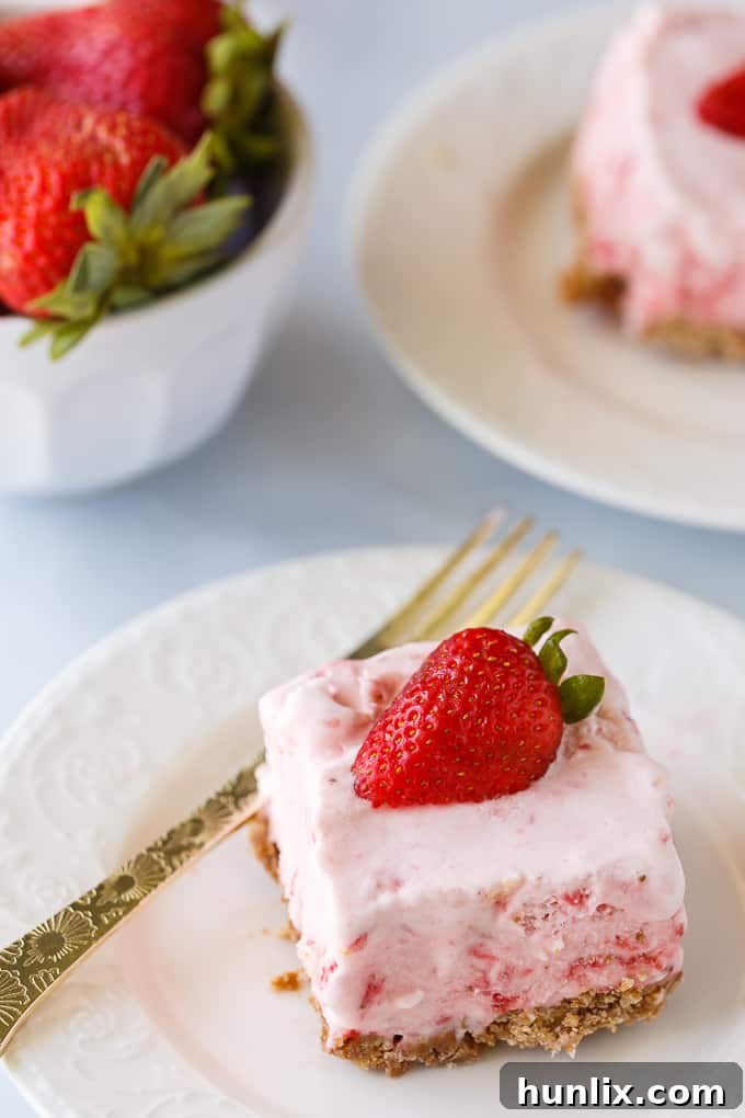Frozen Strawberry Fluff - A sweet summer frozen delight! A buttery cookie crust is topped by a creamy, cold strawberry layer of yum.