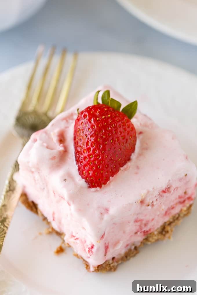 Frozen Strawberry Fluff - A sweet summer frozen delight! A buttery cookie crust is topped by a creamy, cold strawberry layer of yum.