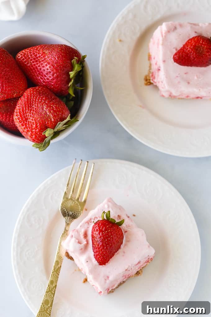 Frozen Strawberry Fluff - A sweet summer frozen delight! A buttery cookie crust is topped by a creamy, cold strawberry layer of yum.