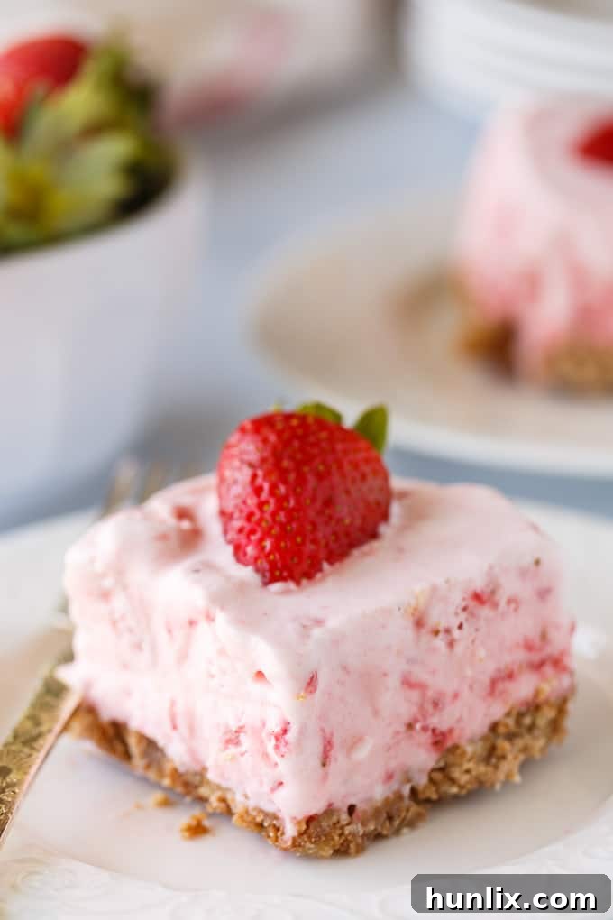 Frozen Strawberry Fluff - A sweet summer frozen delight! A buttery cookie crust is topped by a creamy, cold strawberry layer of yum.