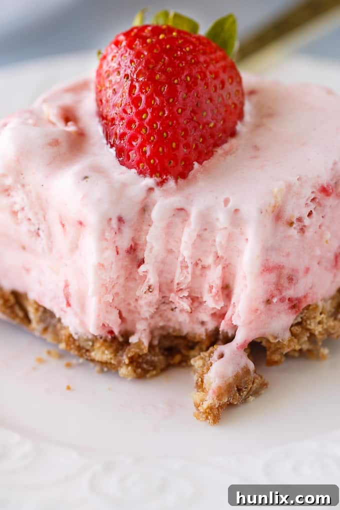 Frozen Strawberry Fluff - A sweet summer frozen delight! A buttery cookie crust is topped by a creamy, cold strawberry layer of yum.