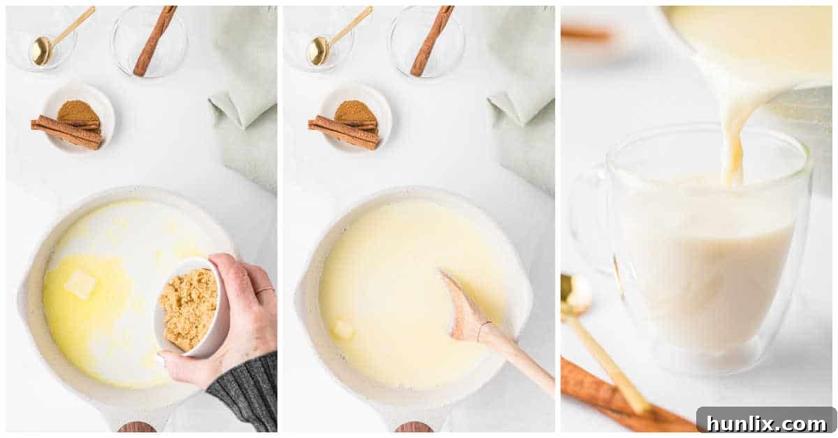 A two-part collage showing the preparation of a butterscotch steamer: milk and ingredients being heated in a pot, and the finished drink being poured into a mug.