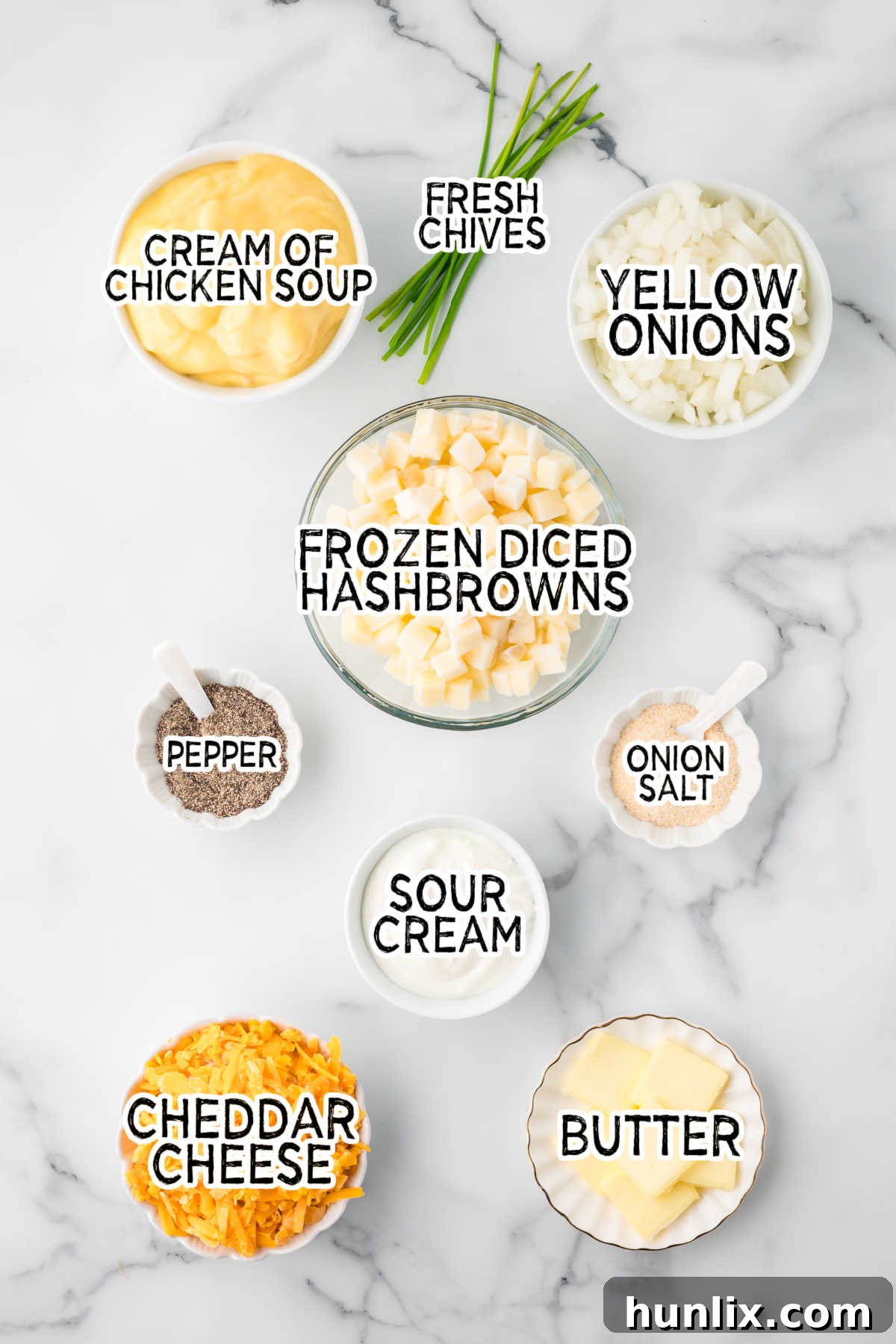Ingredients on a white marble background.