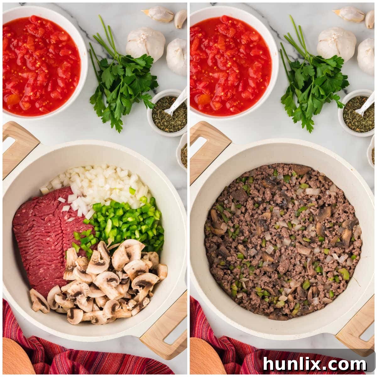 Mama's Perfect Pasta Sauce 4 Collage showing the process of cooking ground beef and vegetables in a pot for spaghetti sauce.