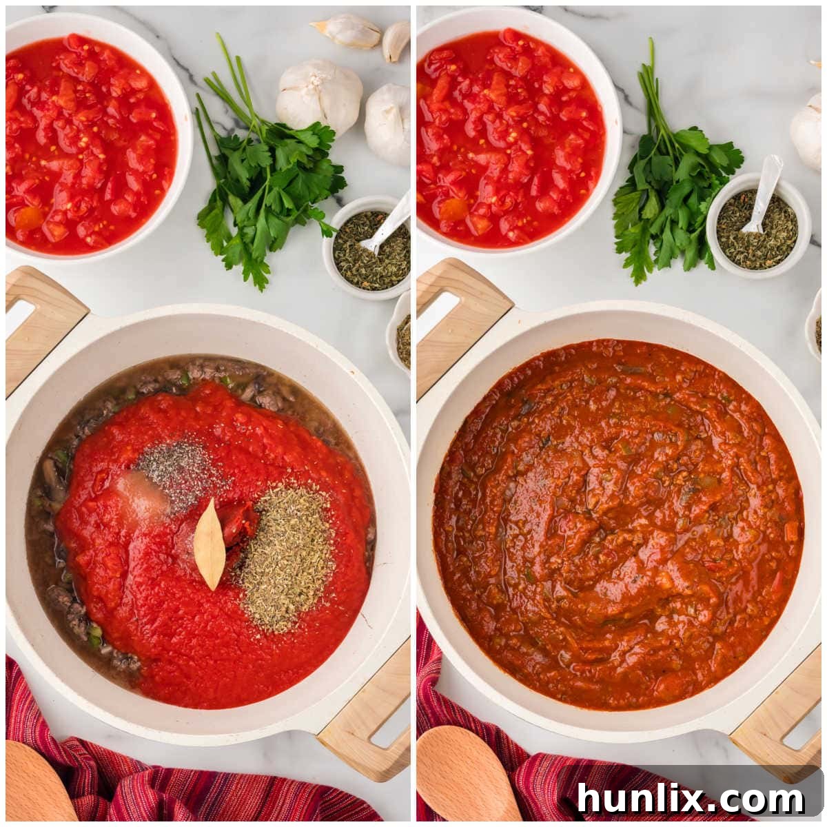 Mama's Perfect Pasta Sauce 5 Collage showing the sauce simmering in a pot with various stages of mixing.