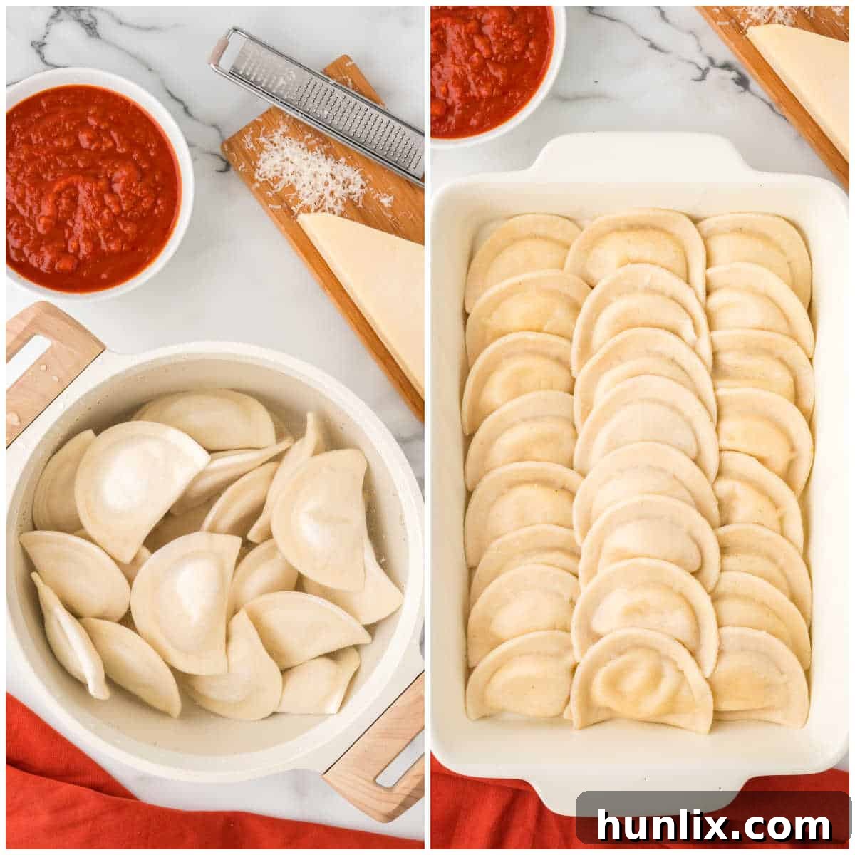 Hearty Homestyle Pierogi Casserole 4 A collage showing the preparation of pierogies: boiling them in a pot and then arranging them in a casserole dish.