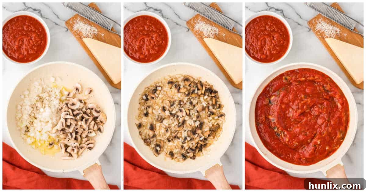 Hearty Homestyle Pierogi Casserole 5 A collage illustrating the sauce preparation: sautéing onions and mushrooms, then stirring in pasta sauce.