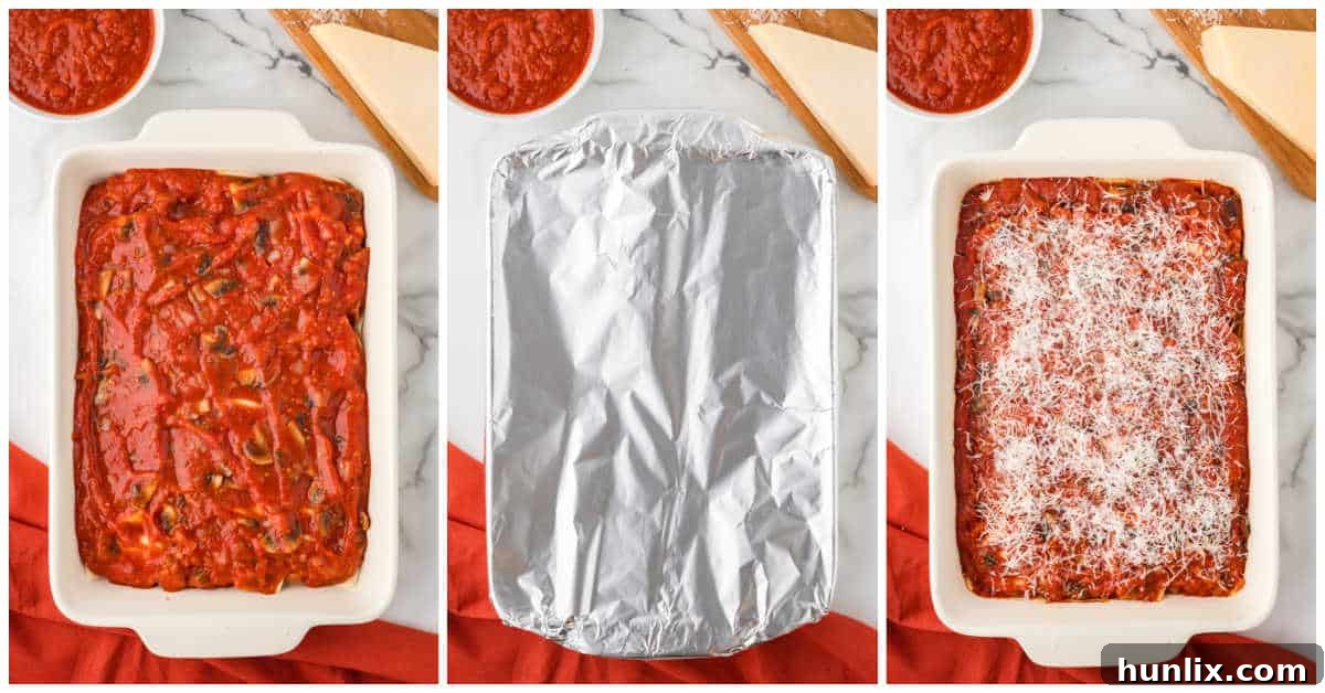 Hearty Homestyle Pierogi Casserole 6 A collage depicting the casserole assembly and baking process: pouring sauce over pierogies, covering with foil, and placing in the oven.