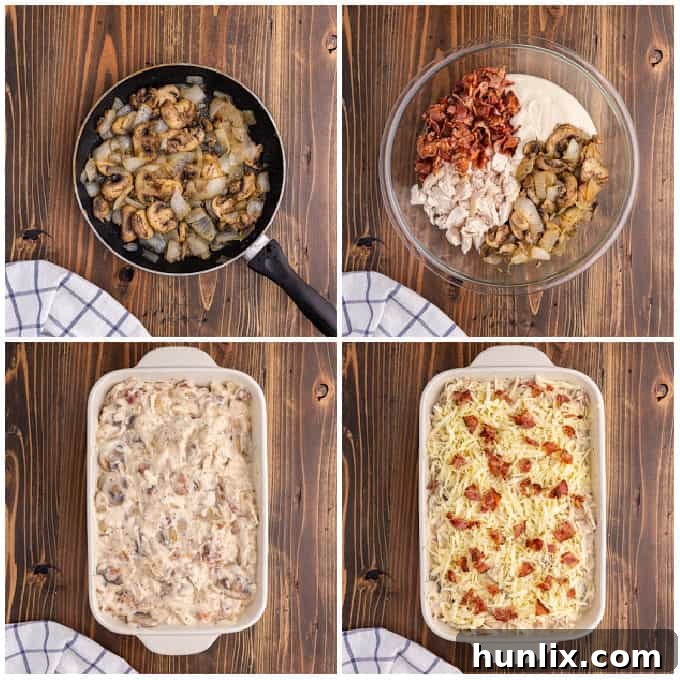 Creamy Chicken Pierogi Bake 5 A step-by-step collage showing the process of assembling Chicken Alfredo Pierogi Casserole, from pierogies in dish to topped with cheese and bacon.