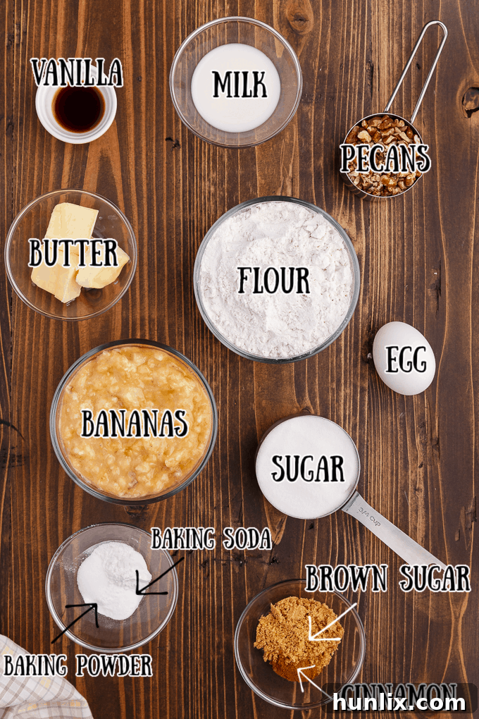 Essential ingredients laid out for baking Banana Streusel Muffins: bananas, flour, sugar, eggs, butter, and streusel topping components.