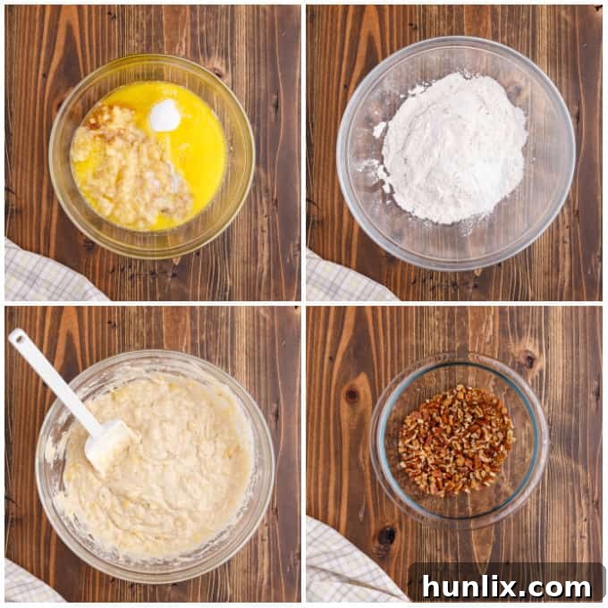 Mixing banana muffin batter in a bowl, showing the wet and dry ingredients just combined before scooping.