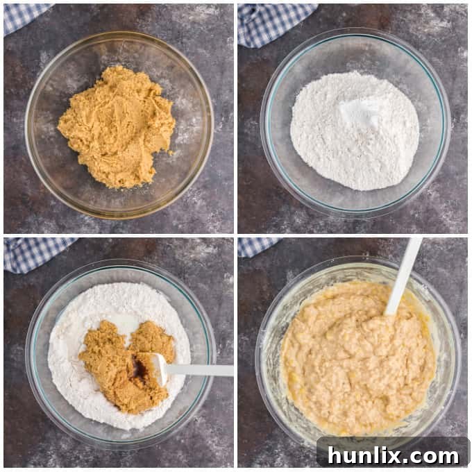 The preparation stages of banana cookies, showcasing mashed ripe bananas, mixed ingredients, and dough ready for baking.