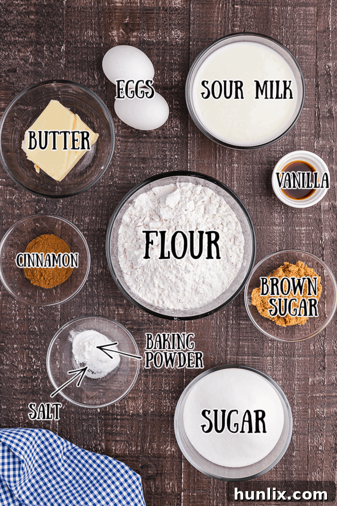 Cinnamon Bread Ingredients neatly laid out on a table