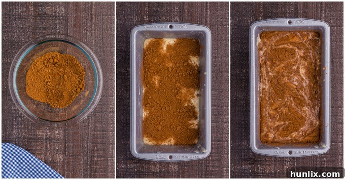 Unbaked Cinnamon Bread batter with cinnamon swirl in a loaf pan