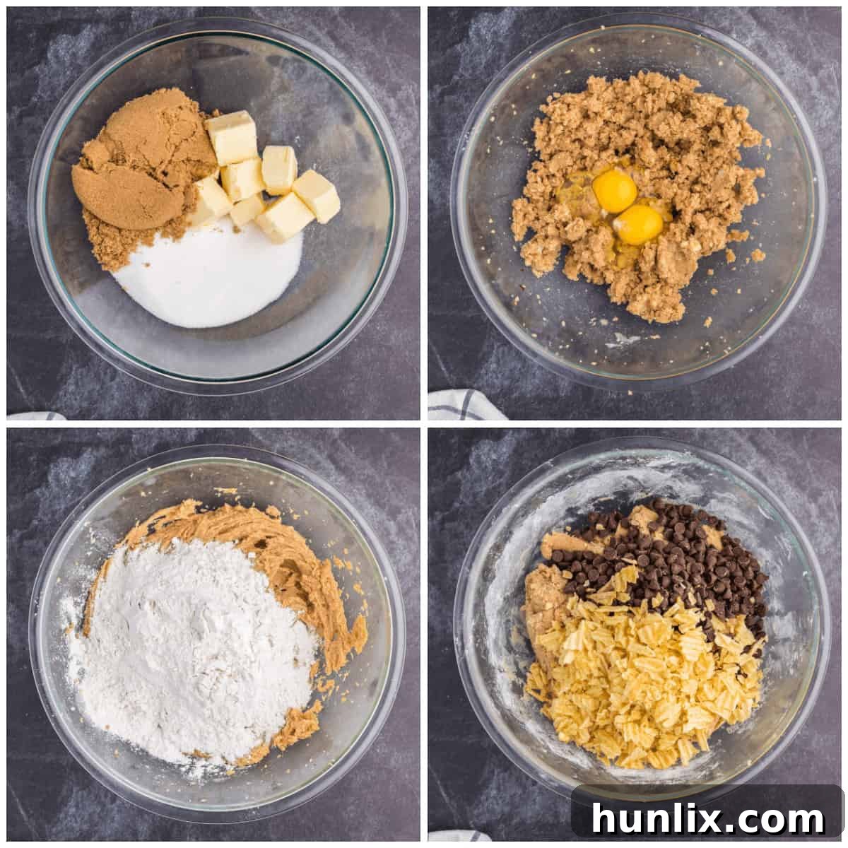 Salty Sweet Crunch Cookies 4 Cookie dough mixed with chocolate chips and crushed potato chips, ready for baking.