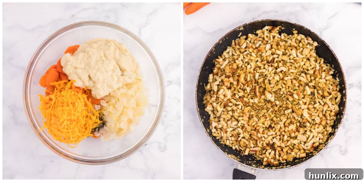 Sweet Carrot Bake 4 Process shots of making carrot casserole, showing cooked carrots, sautéed onions, and the mixing of ingredients in a bowl.