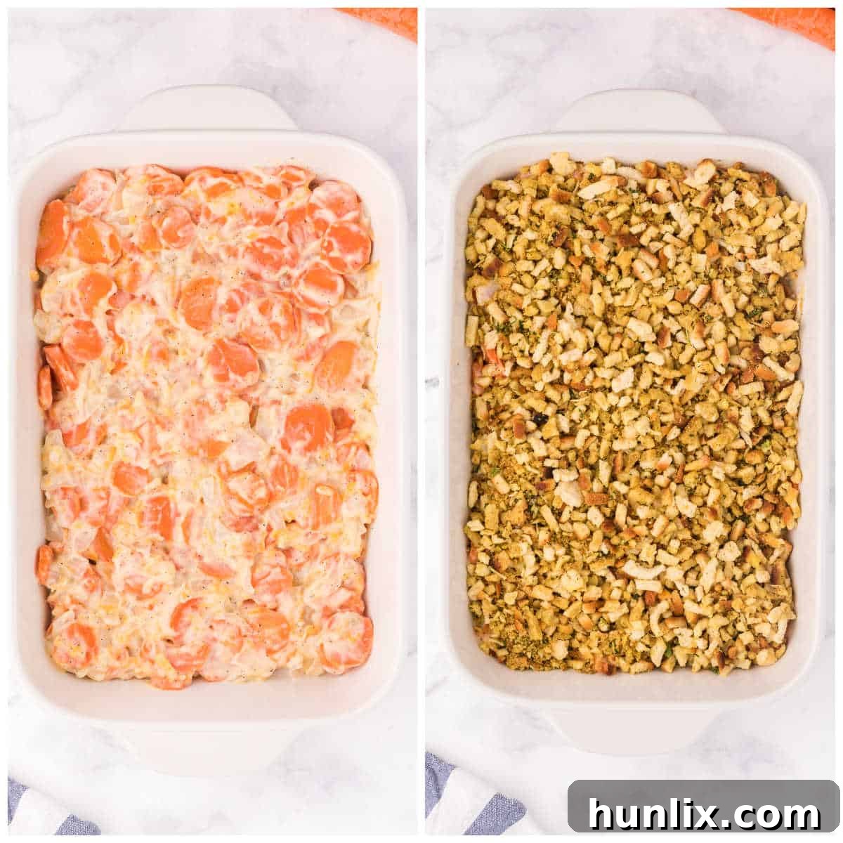 Sweet Carrot Bake 5 Carrot Casserole in a baking dish, topped with stuffing and ready to be placed in the oven for baking.