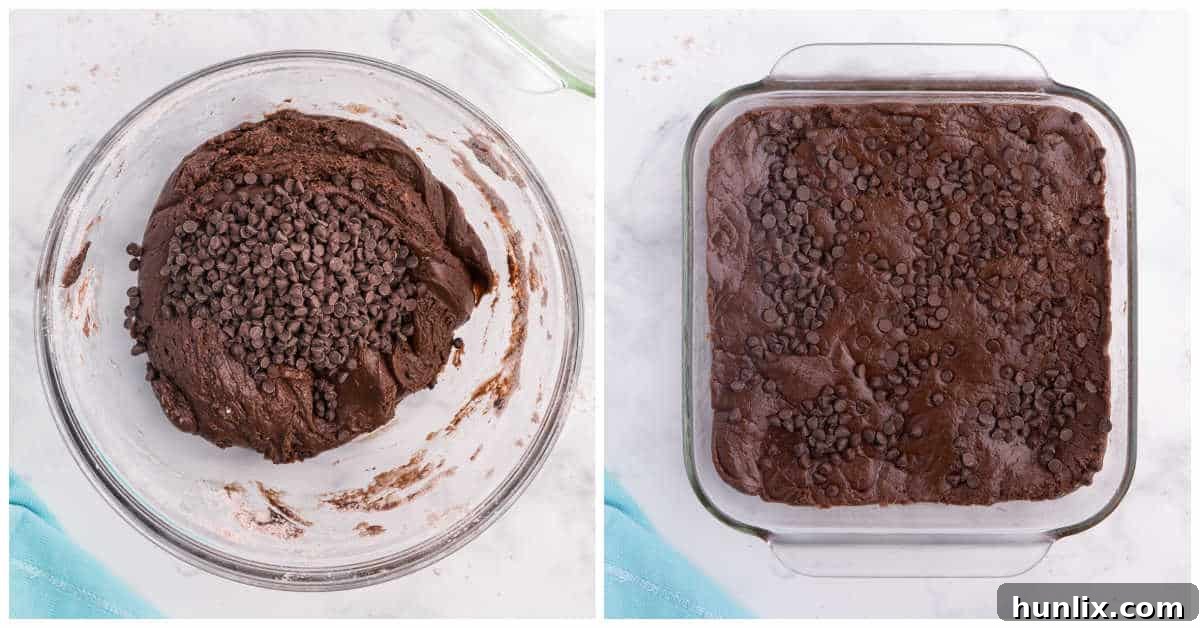 A collage demonstrating the steps of adding the chocolate cake batter fudge mixture to a prepared baking pan and topping with extra chocolate chips.