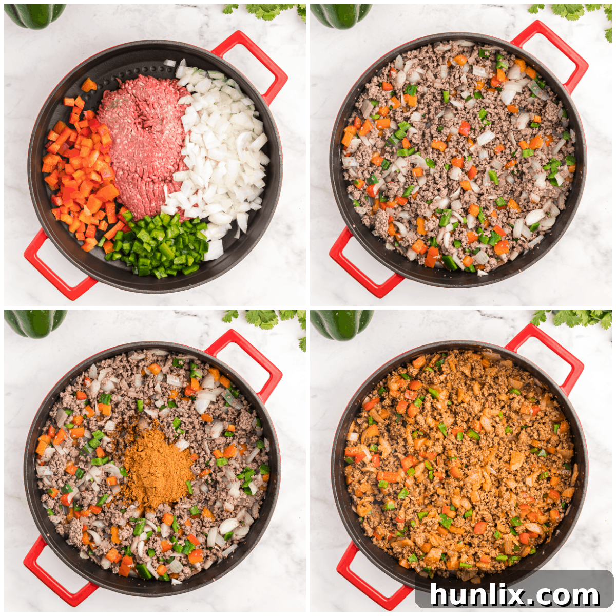 A collage showing the initial steps of preparing Mexican spaghetti: browning ground beef with chopped onions and peppers.