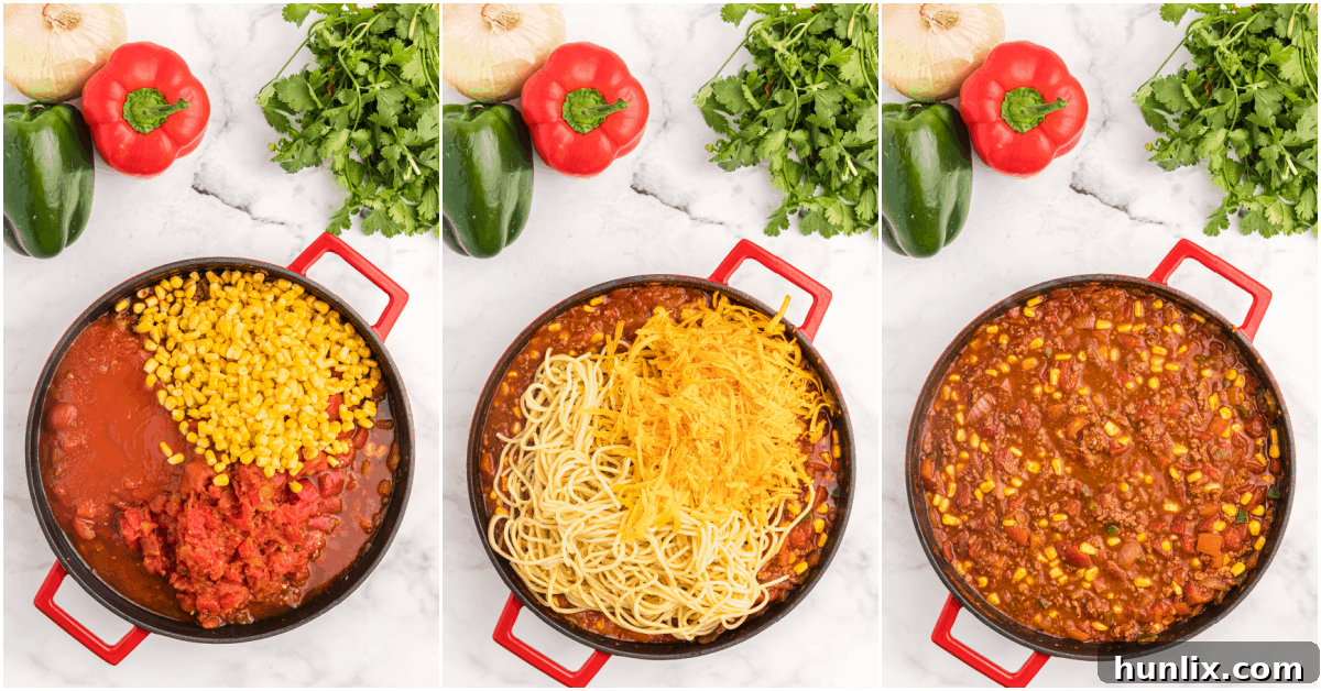 A collage depicting the final stages of making Mexican spaghetti, with the sauce simmering and noodles being stirred in.