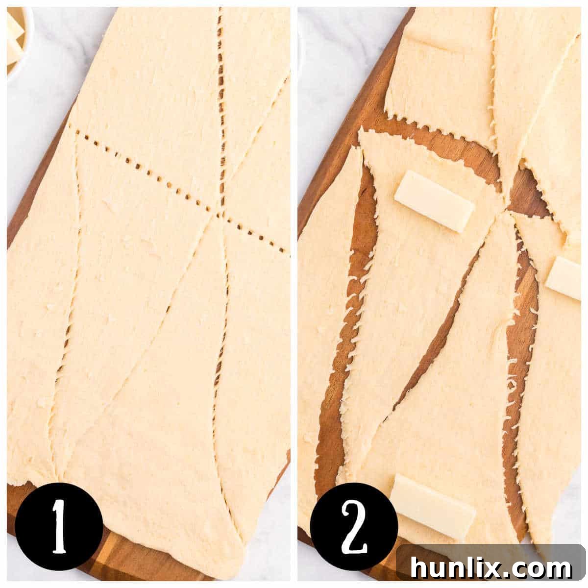 A collage showing crescent roll dough laid out on a wooden cutting board, with cheese pieces placed at the wider ends.