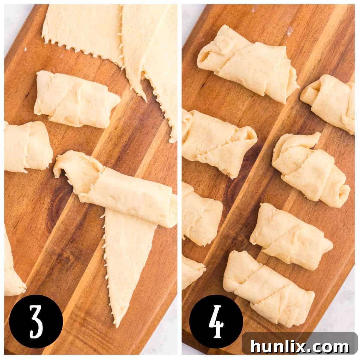 A collage demonstrating the process of rolling the crescent dough around the cheese and folding in the sides.