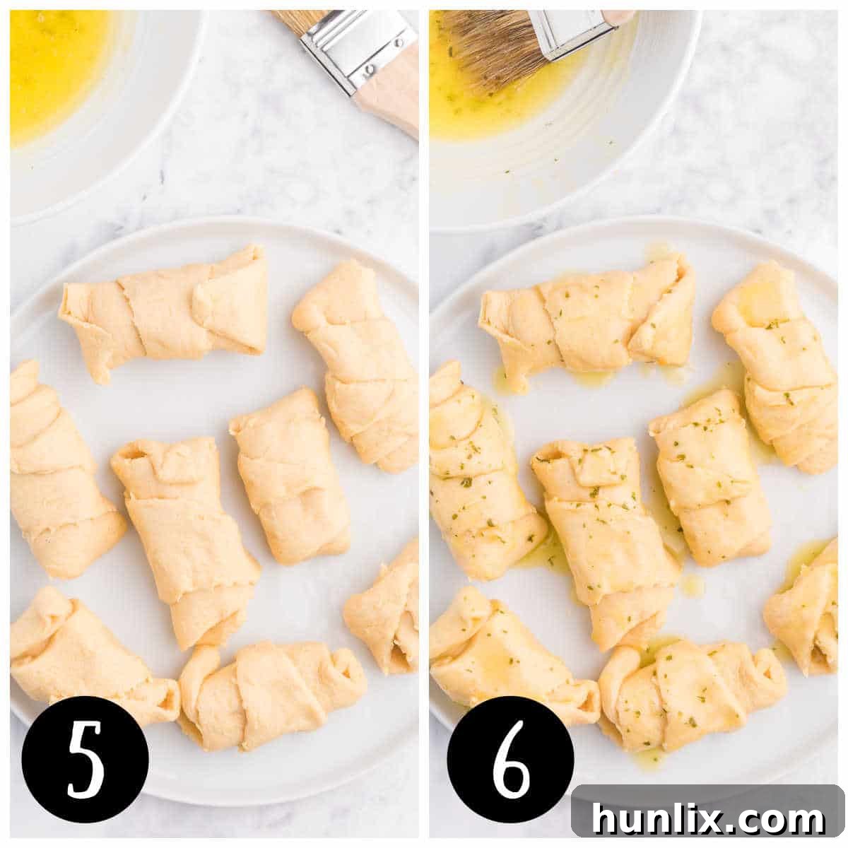 A collage showing the formed crescent rolls being brushed with melted garlic butter.