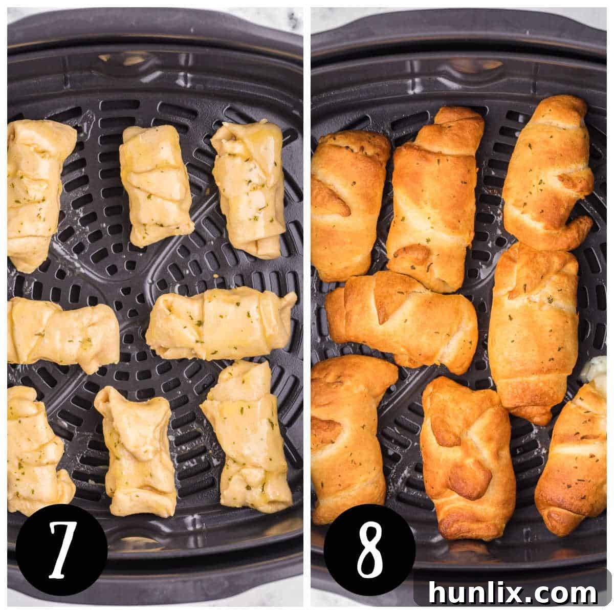 A collage showing the final step of cooking the garlic cheese crescent rolls in the air fryer until golden.