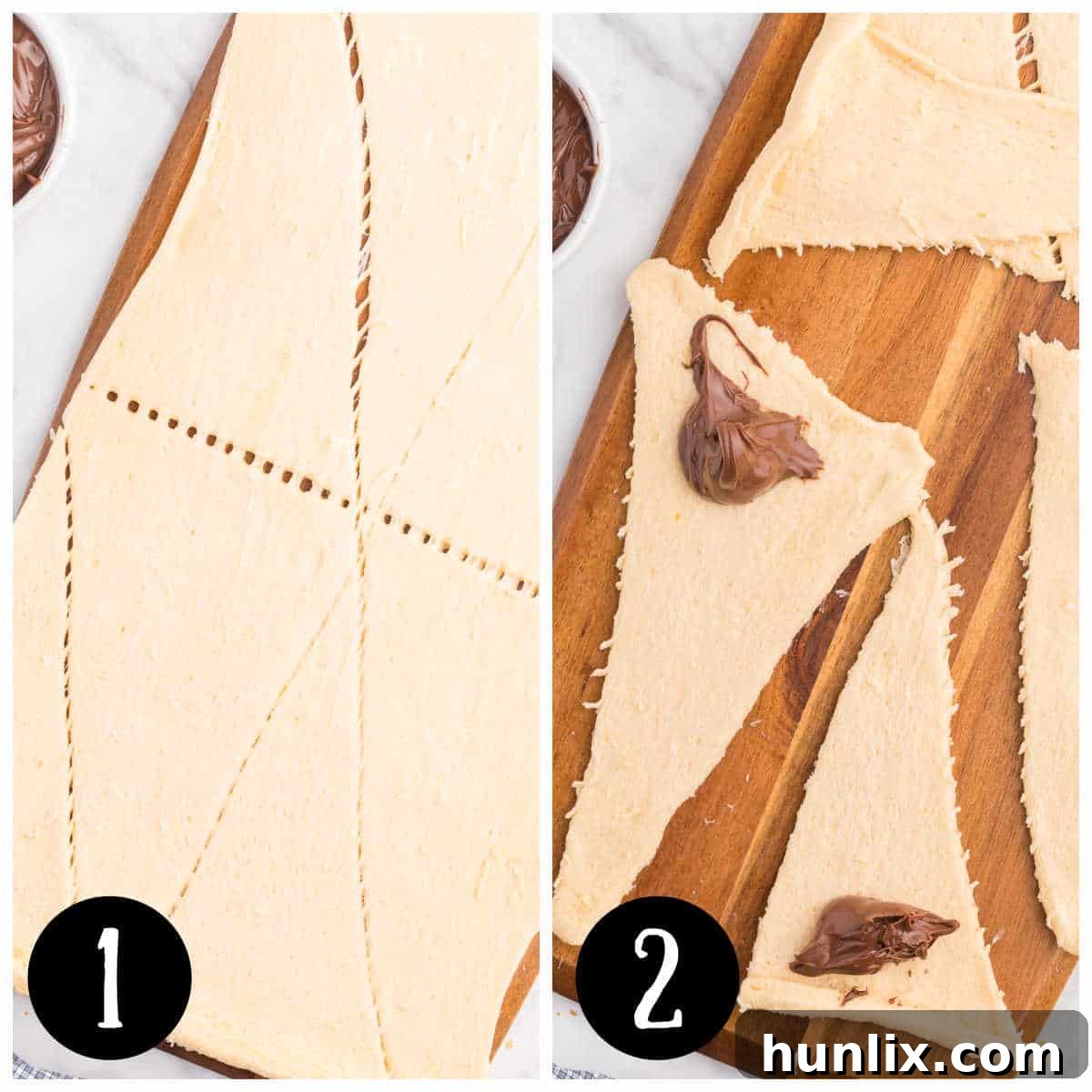 Perfect Air Fryer Chocolate Croissants 4 A collage showing how to add Nutella to the wide end of the crescent roll dough triangle before rolling.