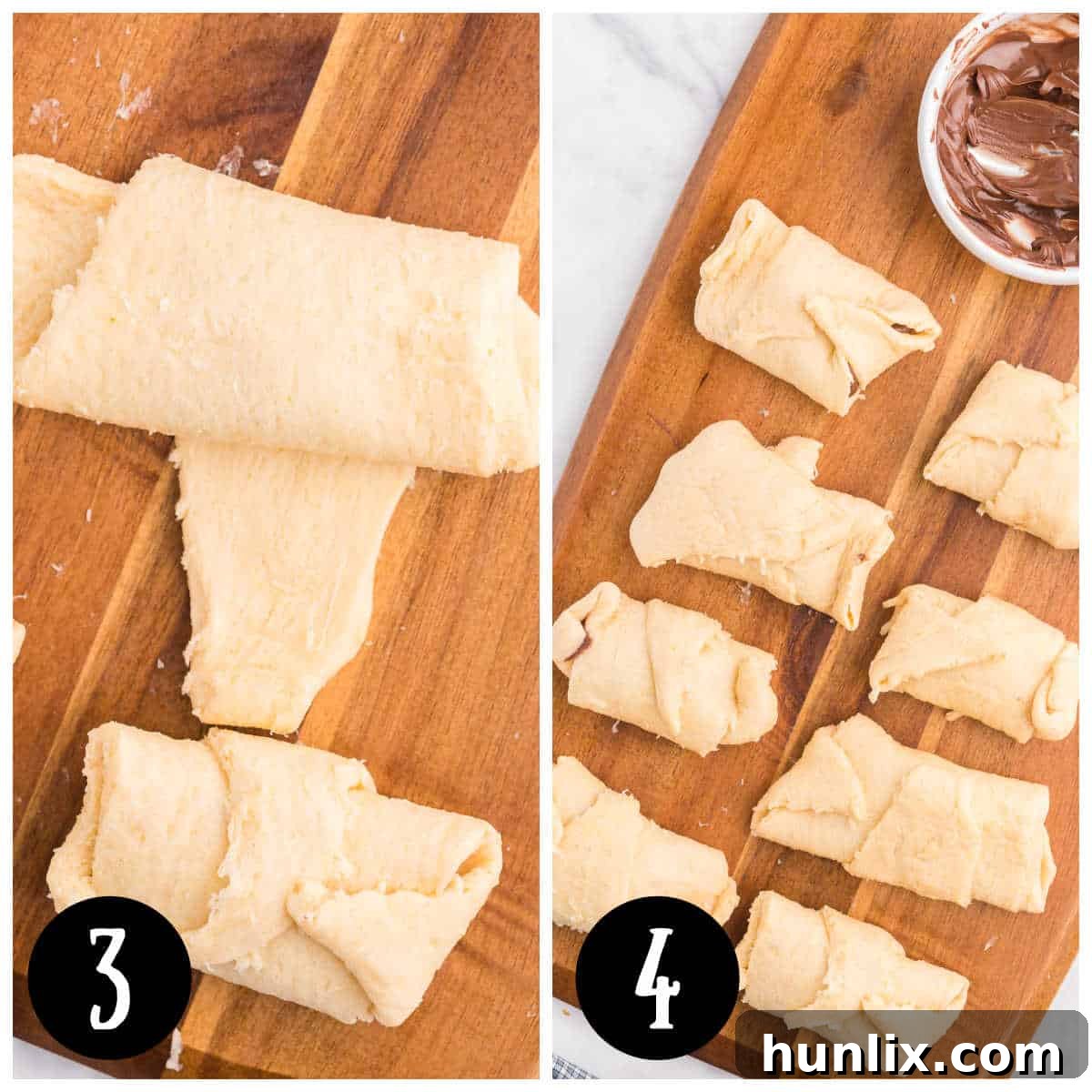 Perfect Air Fryer Chocolate Croissants 5 A collage demonstrating the rolling and sealing process of the Nutella-filled crescent roll dough.