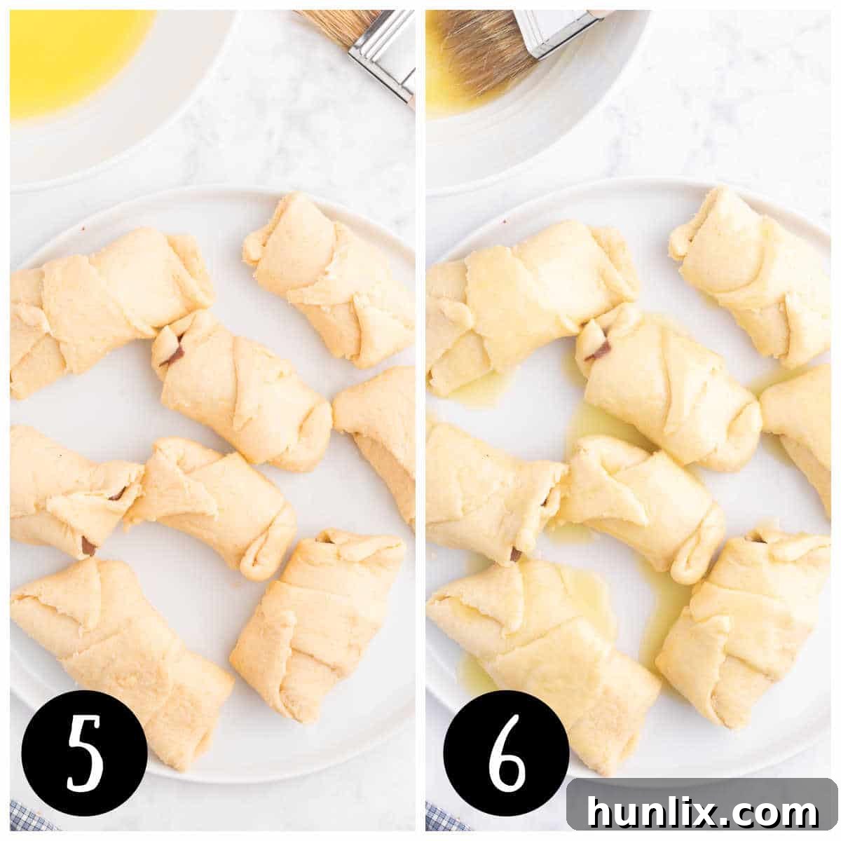 Perfect Air Fryer Chocolate Croissants 6 A collage showing the melted butter and sugar mixture being brushed onto the rolled crescent rolls.