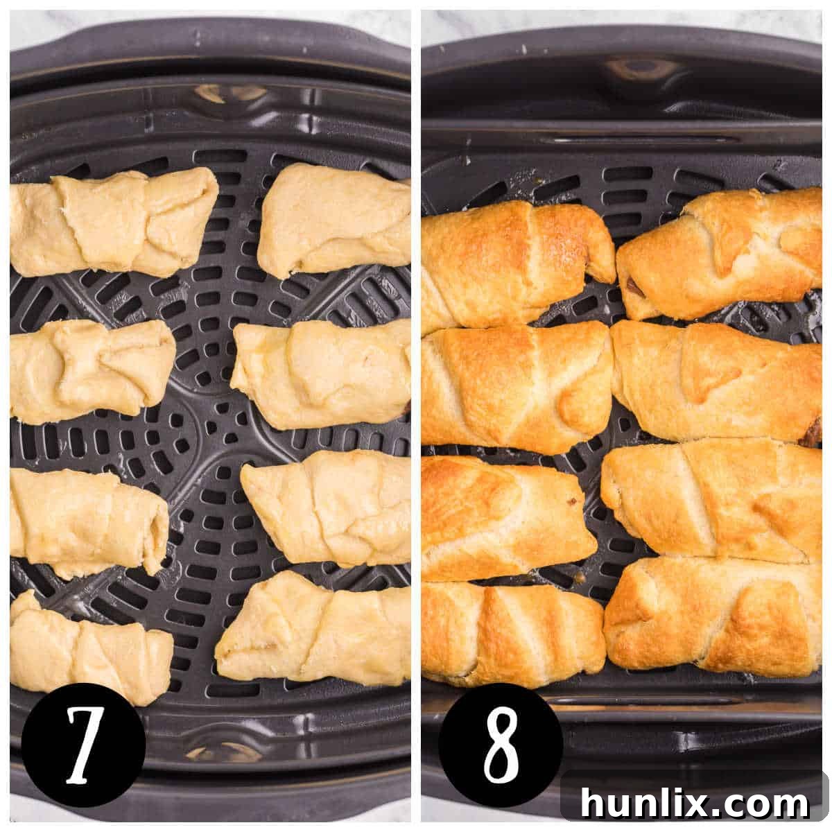 Perfect Air Fryer Chocolate Croissants 7 A collage depicting the chocolate crescent rolls being placed into the air fryer basket and cooking.