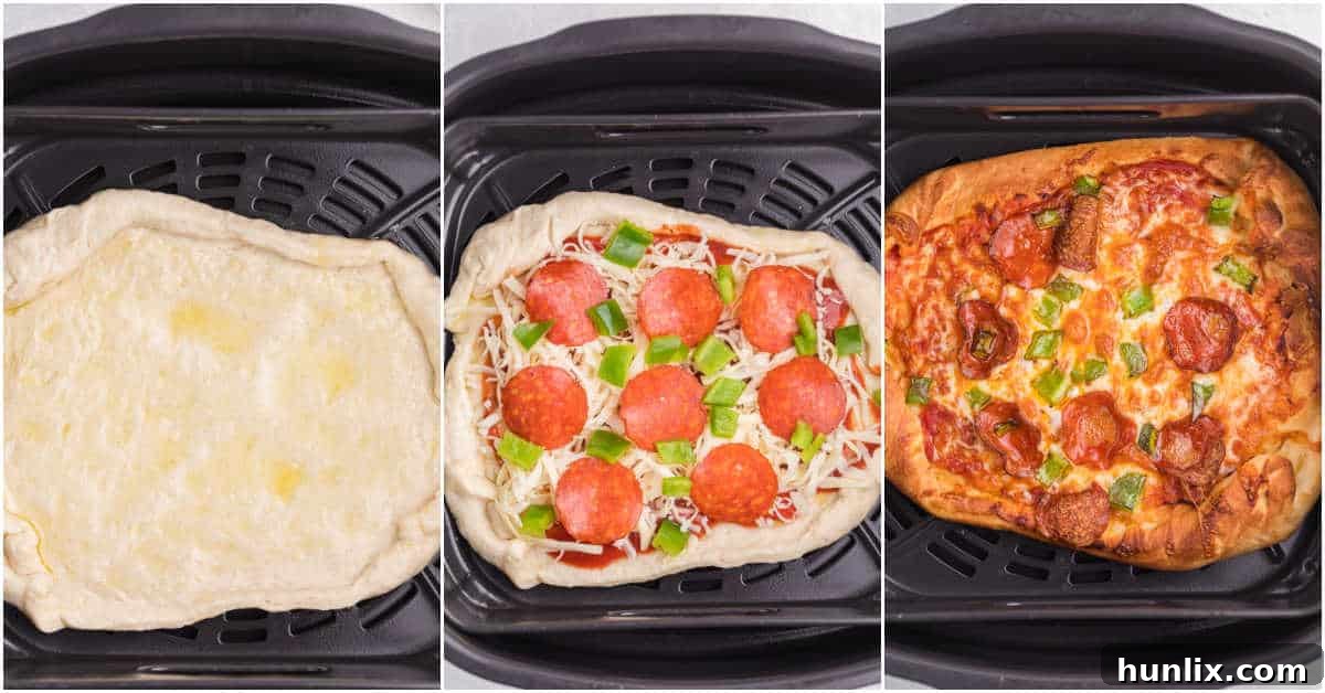 A step-by-step collage showing the process of making air fryer pizza, from preparing the dough to adding toppings and placing it in the air fryer.