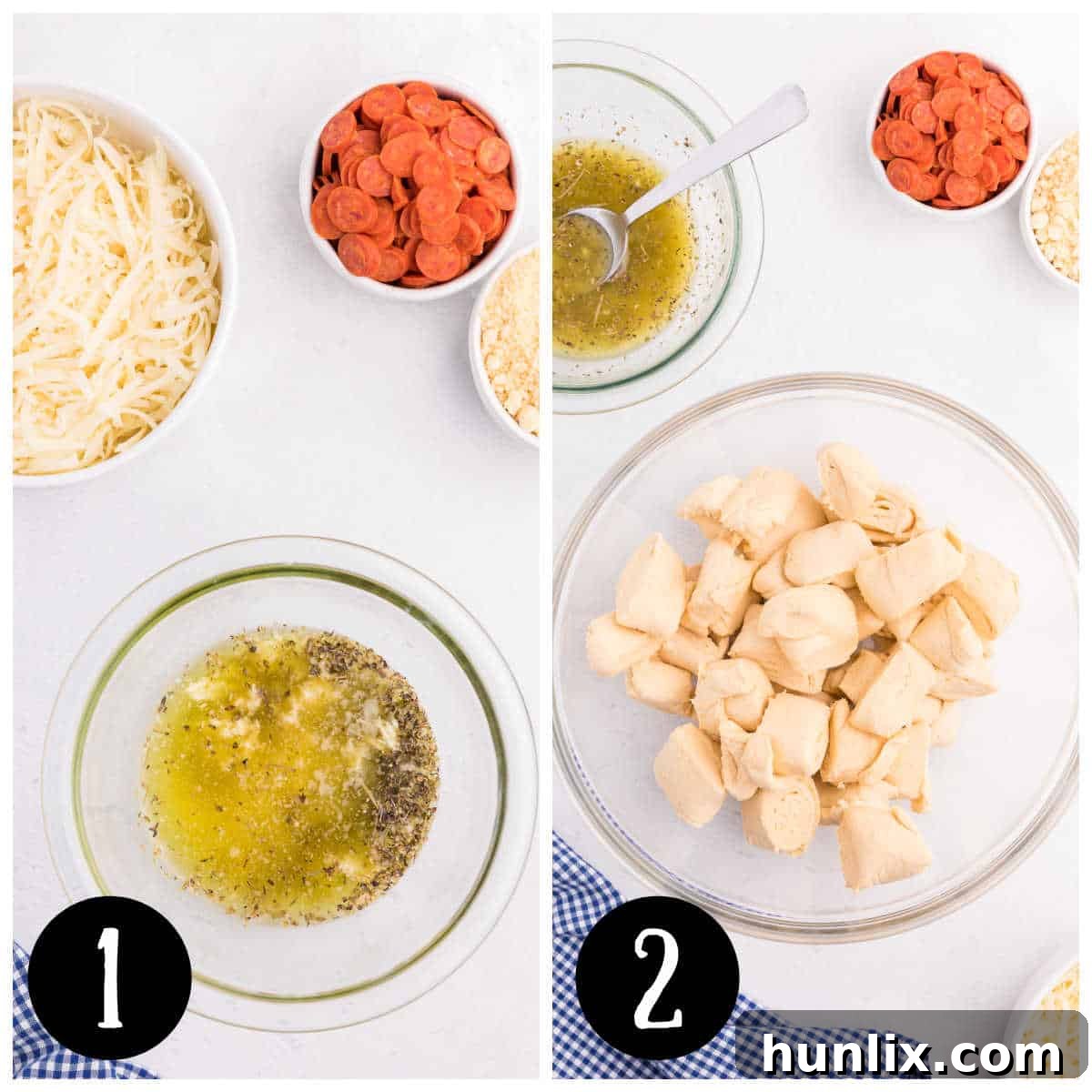 Crescent roll dough cubes in a bowl, ready for butter mixture