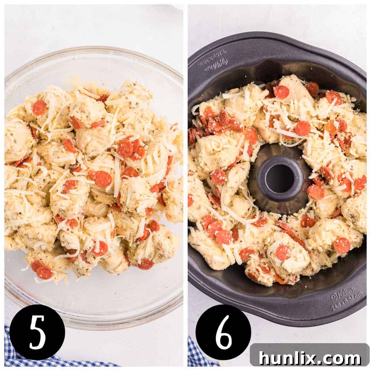 Pizza monkey bread baking in a bundt pan