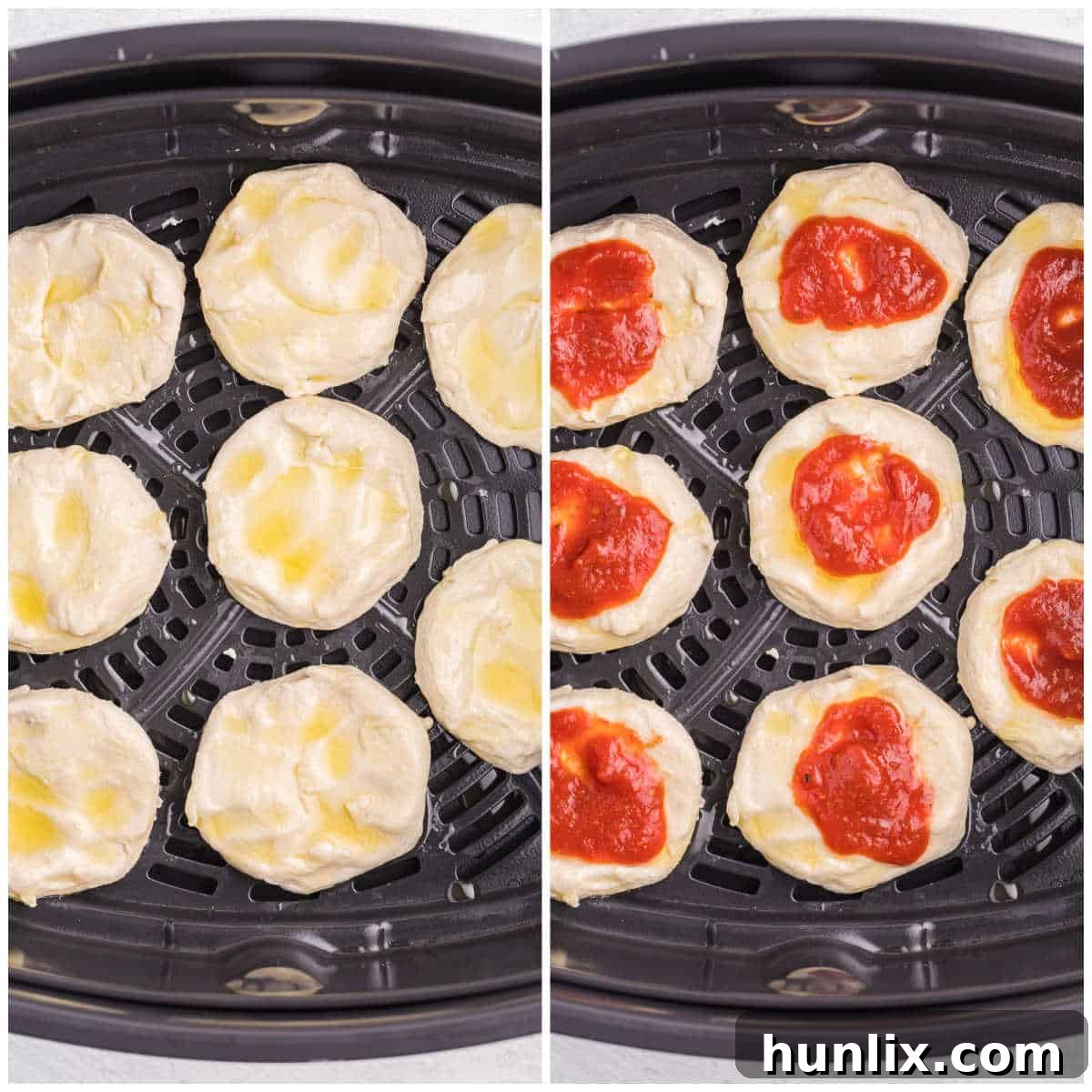 Irresistible Air Fryer Pizza Buns 4 Collage showing the steps of preparing pizza buns in an air fryer, from flattening dough to adding toppings.