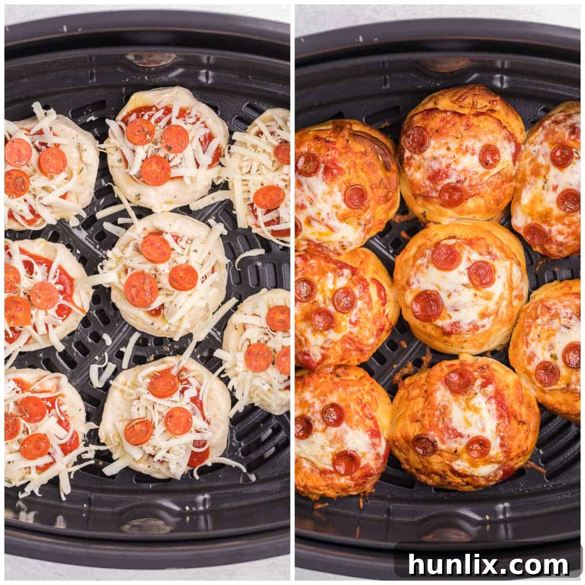 Irresistible Air Fryer Pizza Buns 5 Collage depicting the air fryer pizza buns being assembled and cooked in the air fryer basket.
