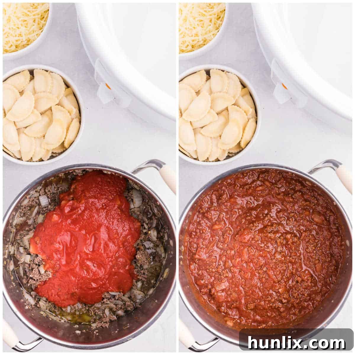 Easy One-Pot Slow Cooker Ravioli Lasagna 5 Steps to make slow cooker ravioli lasagna.